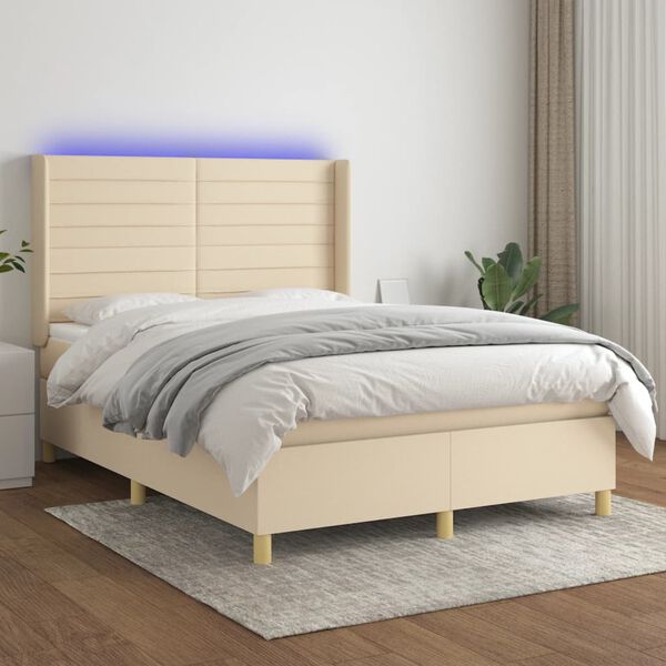 vidaXL Letto a Molle con Materasso e LED Crema 140x190 cm in Tessuto