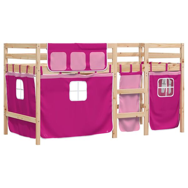 vidaXL Letto a Soppalco con Tende Bambini Rosa 90x190 cm Massello Pino