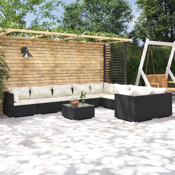 vidaXL Set Divani da Giardino 10 pz con Cuscini in Polyrattan Nero
