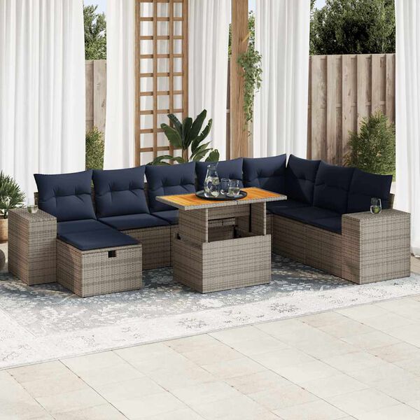 vidaXL Set Divano da Giardino 9pz con Cuscini Grigio Polyrattan Acacia