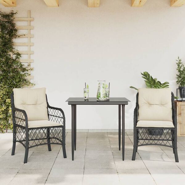 vidaXL Set da Bistrò 3 pz con Cuscini Nero in Polyrattan