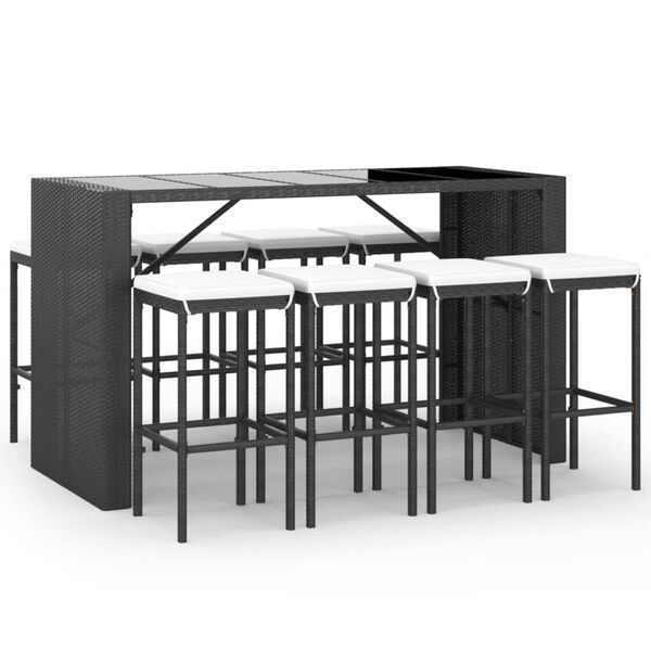 vidaXL Set Bar da Giardino 9 pz con Cuscini in Polyrattan Nero