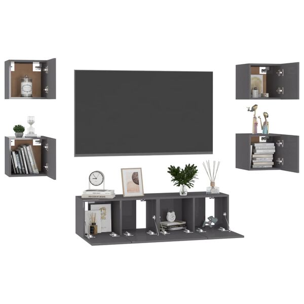 vidaXL Set Mobili TV 6 pz Grigio Lucido in Legno Multistrato