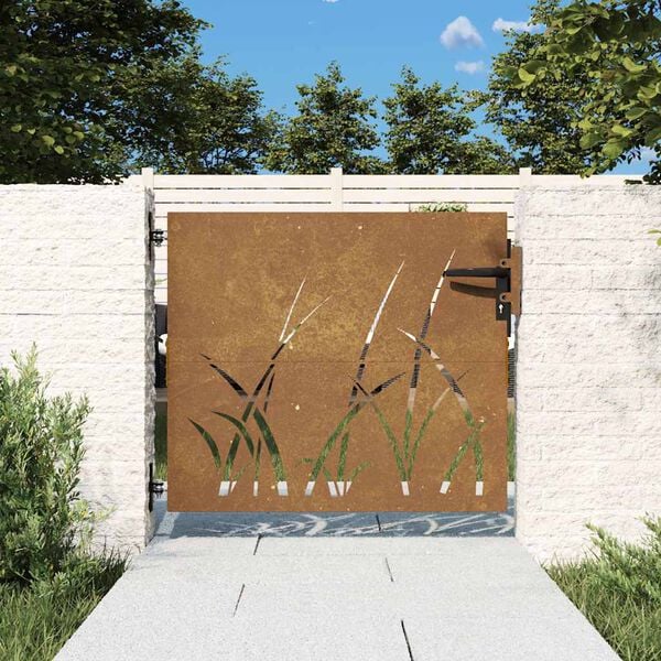 vidaXL Cancello da giardino 85x100 cm in acciaio Corten con design erba