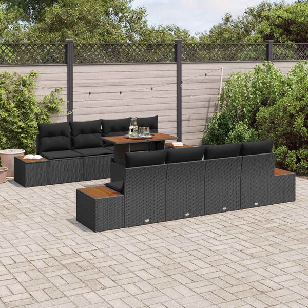 vidaXL Set Divano da Giardino con archiviazione 9 pcs Nero Poly Rattan