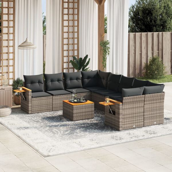 vidaXL Set Divano da Giardino 9 pz con Cuscini Grigio in Polyrattan