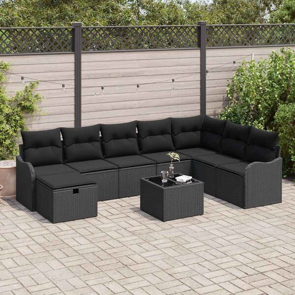 vidaXL Set Divano da Giardino con cuscino 9 pcs Nero Poly Rattan
