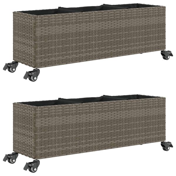 vidaXL Fioriere da Giardino Ruote 2pz Grigie 107x32x38 cm Polyrattan