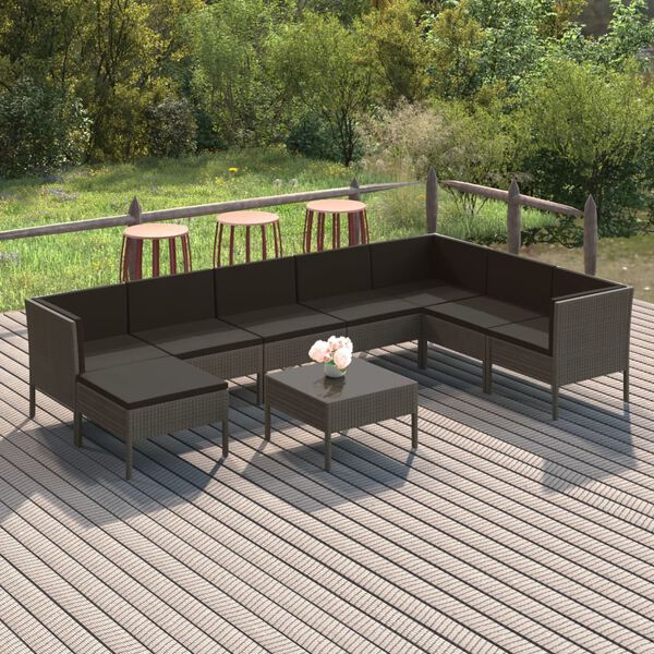 vidaXL Set Divani da Giardino 9 pz con Cuscini in Polyrattan Grigio