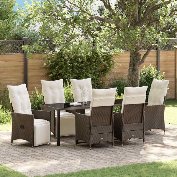 vidaXL Set da Pranzo per Giardino con cuscino 7 pcs Marrone polyrattan