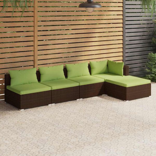 vidaXL Set Divani da Giardino 5 pz con Cuscini in Polyrattan Marrone