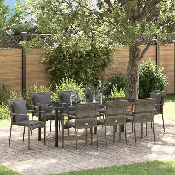 vidaXL Set da Pranzo per Giardino con cuscino 9 pcs Grigio polyrattan
