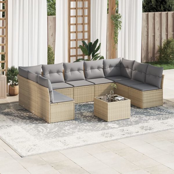 vidaXL Set Divano da Giardino 10 pz con Cuscini Beige in Polyrattan