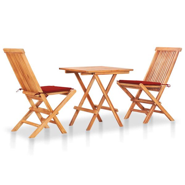 vidaXL Set da Bistrot 3 pz con Cuscini Rossi in Legno Massello di Teak