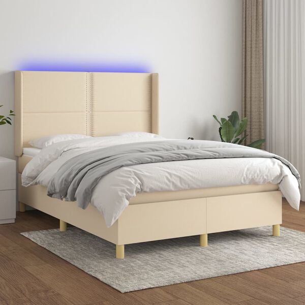 vidaXL Letto a Molle con Materasso e LED Crema 140x190 cm in Tessuto