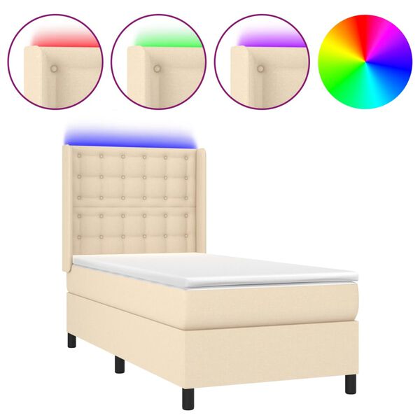 vidaXL Letto a Molle con Materasso e LED Crema 100x200cm in Tessuto