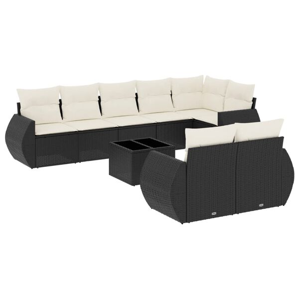 vidaXL Set Divani da Giardino 9 pz con Cuscini Nero in Polyrattan