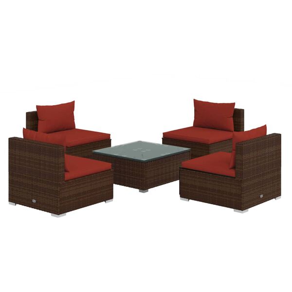 vidaXL Set Divani da Giardino 5 pz con Cuscini in Polyrattan Marrone