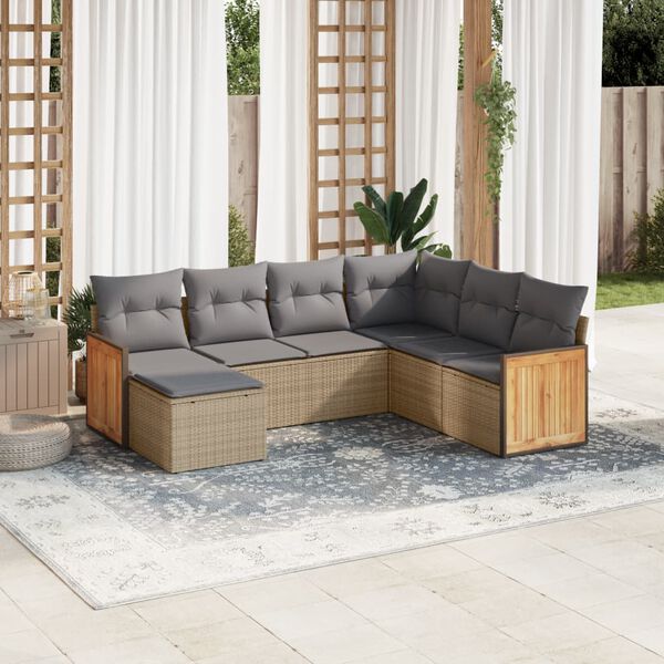 vidaXL Set Divani da Giardino 7 pz con Cuscini Beige in Polyrattan