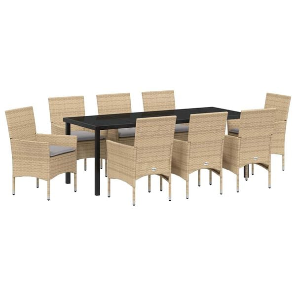 vidaXL Set da Pranzo per Giardino con cuscino 9 pcs Beige polyrattan