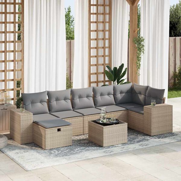 vidaXL Set Divani da Giardino 7 pz con Cuscini Beige in Polyrattan