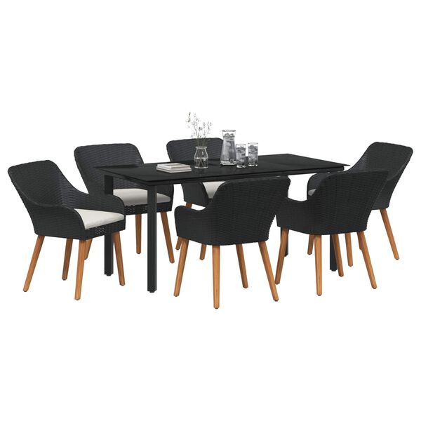 vidaXL Set da Pranzo per Giardino con cuscino 7 pcs Nero polyrattan