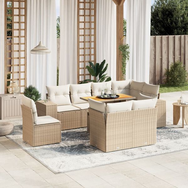 vidaXL Set Divano da Giardino 9 pz con Cuscini Beige in Polyrattan