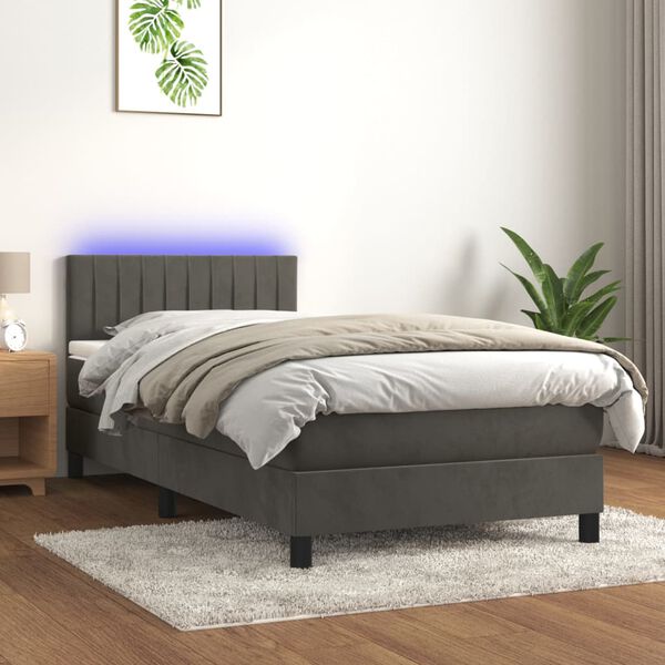 vidaXL Letto a Molle con Materasso e LED Grigio Scuro 90x200cm Velluto