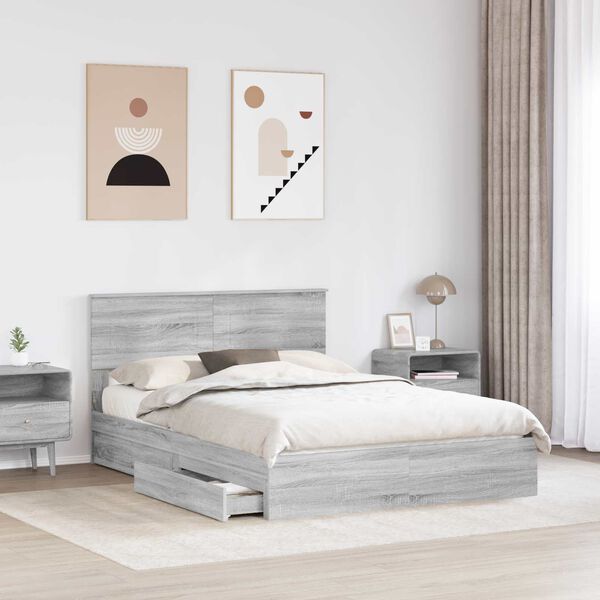 vidaXL Letto con Contenitore con testiera Grigio Sonoma 150 x 200 cm