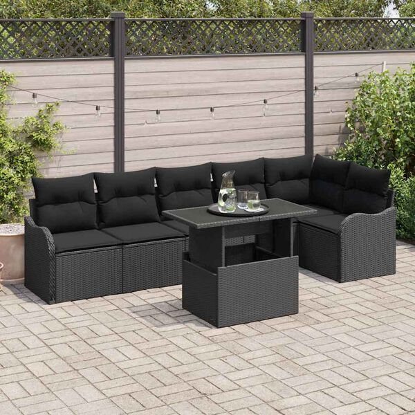 vidaXL Set Divano da Giardino con cuscino 7 pcs Nero Poly Rattan