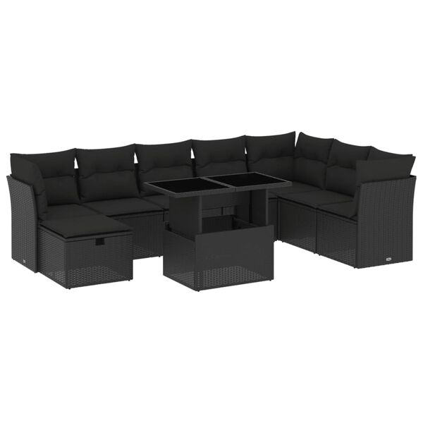 vidaXL Set Divani da Giardino 9 pz con Cuscini Nero in Polyrattan
