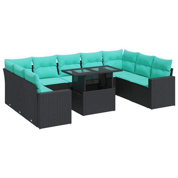vidaXL Set Divani Giardino 10pz con Cuscini Nero in Polyrattan Acacia