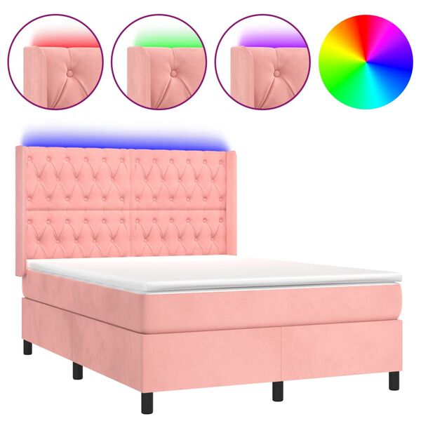 vidaXL Letto a Molle con Materasso e LED Rosa 140x190 cm in Velluto