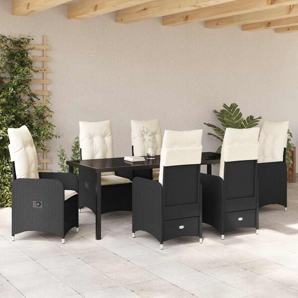 vidaXL Set da Pranzo per Giardino con cuscino 7 pcs Nero polyrattan
