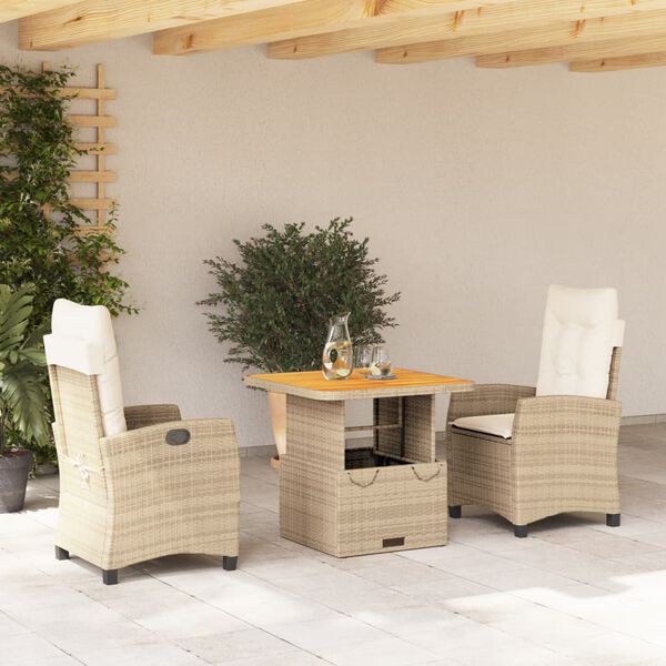 vidaXL Set da Pranzo da Giardino 3 pz con Cuscini Beige in Polyrattan