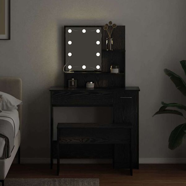 vidaXL Set Tavolo da Trucco LED 2 pcs Rovere Nero Legno multistrato