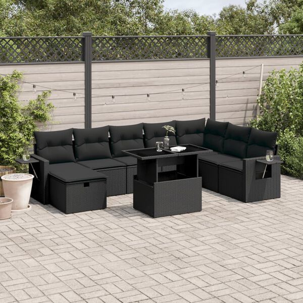 vidaXL Set Divani da Giardino 9 pz con Cuscini Nero in Polyrattan
