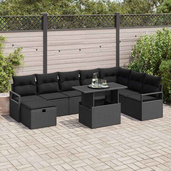 vidaXL Set Divano da Giardino con cuscino 9 pcs Nero Poly Rattan