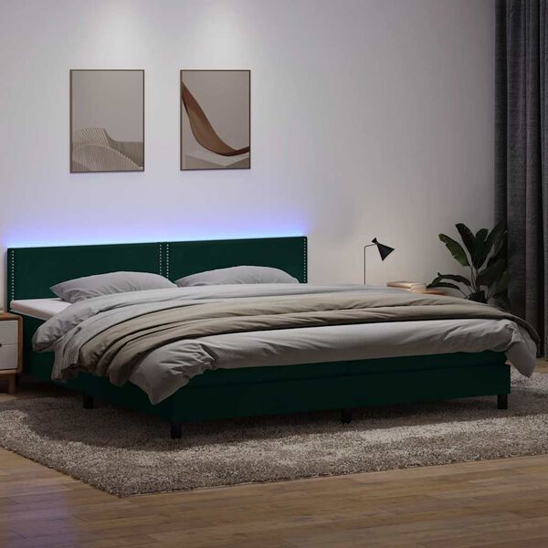 vidaXL Letto a Molle con Materasso e LED Verde Scuro 180x220 cm Velluto