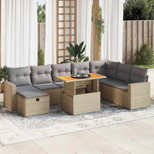vidaXL Set Divano da Giardino 9 pz con Cuscini Beige Polyrattan Acacia