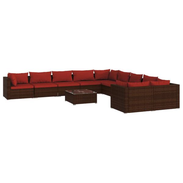 vidaXL Set Divani da Giardino 11 pz con Cuscini in Polyrattan Marrone