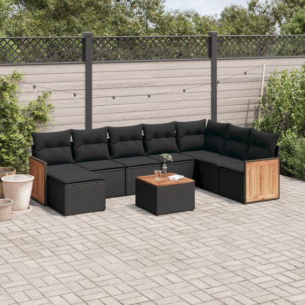 vidaXL Set Divani da Giardino 9 pz con Cuscini Nero in Polyrattan