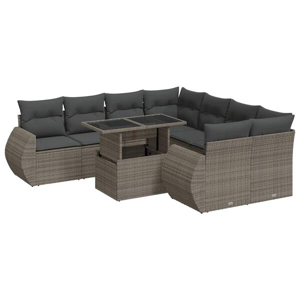 vidaXL Set Divano da Giardino 9 pz con Cuscini Grigio in Polyrattan