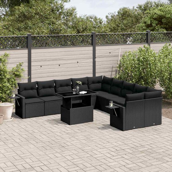 vidaXL Set Divani da Giardino 11 pz con Cuscini in Polyrattan Nero