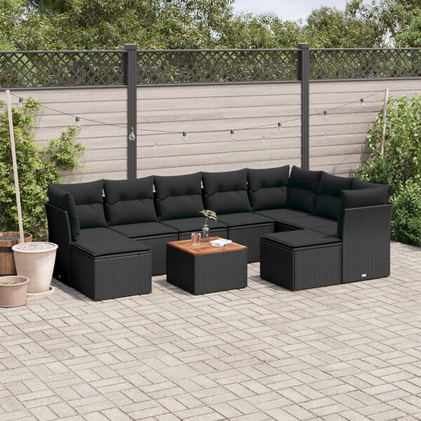 vidaXL Set Divani da Giardino 10pz con Cuscini in Polyrattan Nero