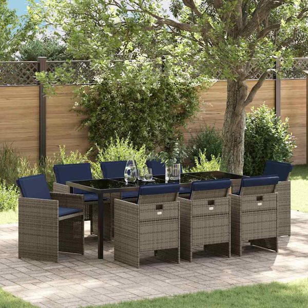 vidaXL Set da Pranzo per Giardino con cuscino 9 pcs Grigio polyrattan