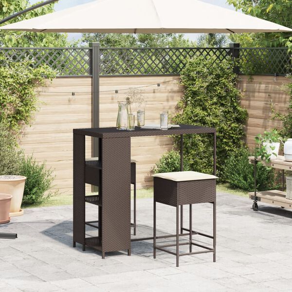 vidaXL Set Bar da Giardino 3 pz con Cuscini in Polyrattan Marrone