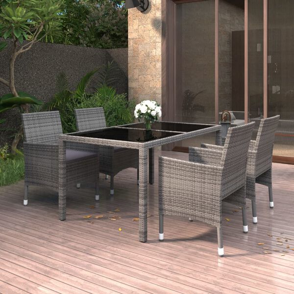 vidaXL Set da Pranzo Giardino 5 pz Polyrattan e Vetro Temperato Grigio