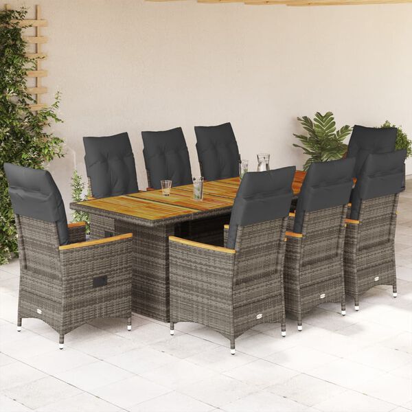 vidaXL Set Bistr&ograve; da Giardino 9 pz con Cuscini in Polyrattan Grigio