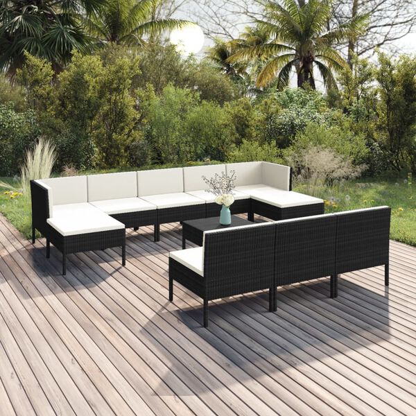 vidaXL Set Divani da Giardino 11 pz con Cuscini in Polyrattan Nero